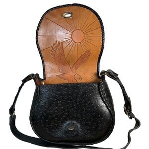 Vintage‎ handmade tooled leather crossbody purse black leather smooth ostrich
